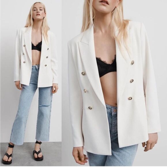 Blogger Fave Zara Ivory Double Breasted Tailored Blazer Textured Pique Size S - Picture 1 of 13